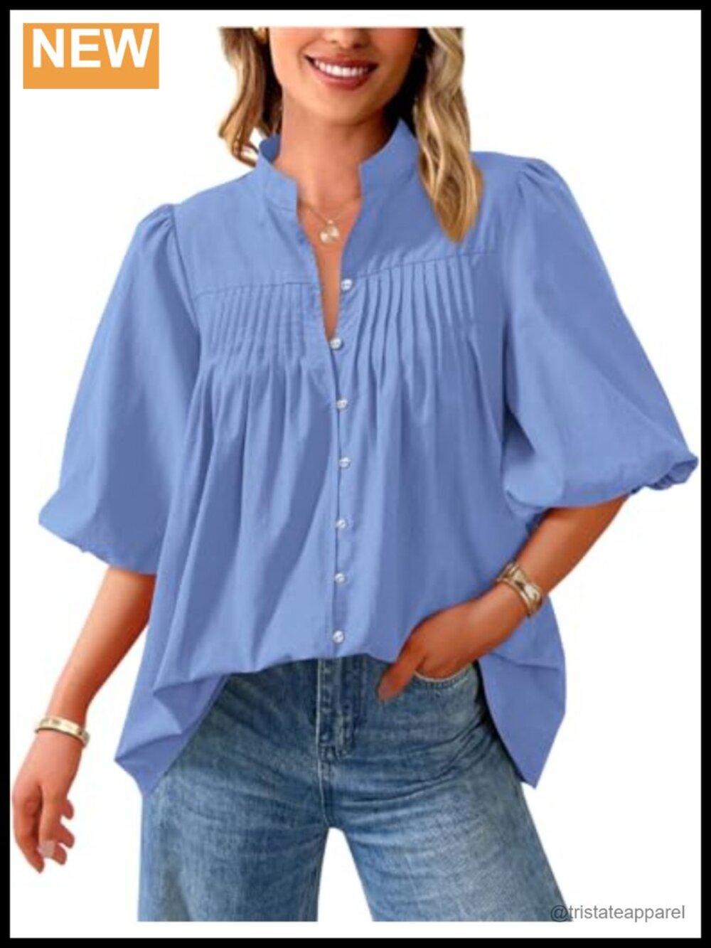 PRETTYGARDEN Women's Button Up Henley Blouse V-Neck Lantern Sleeve Casual Top